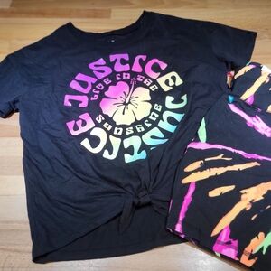Justice Black and Multicolor Kids T-Shirt And Shorts Outfit Girls Size 12/14 New